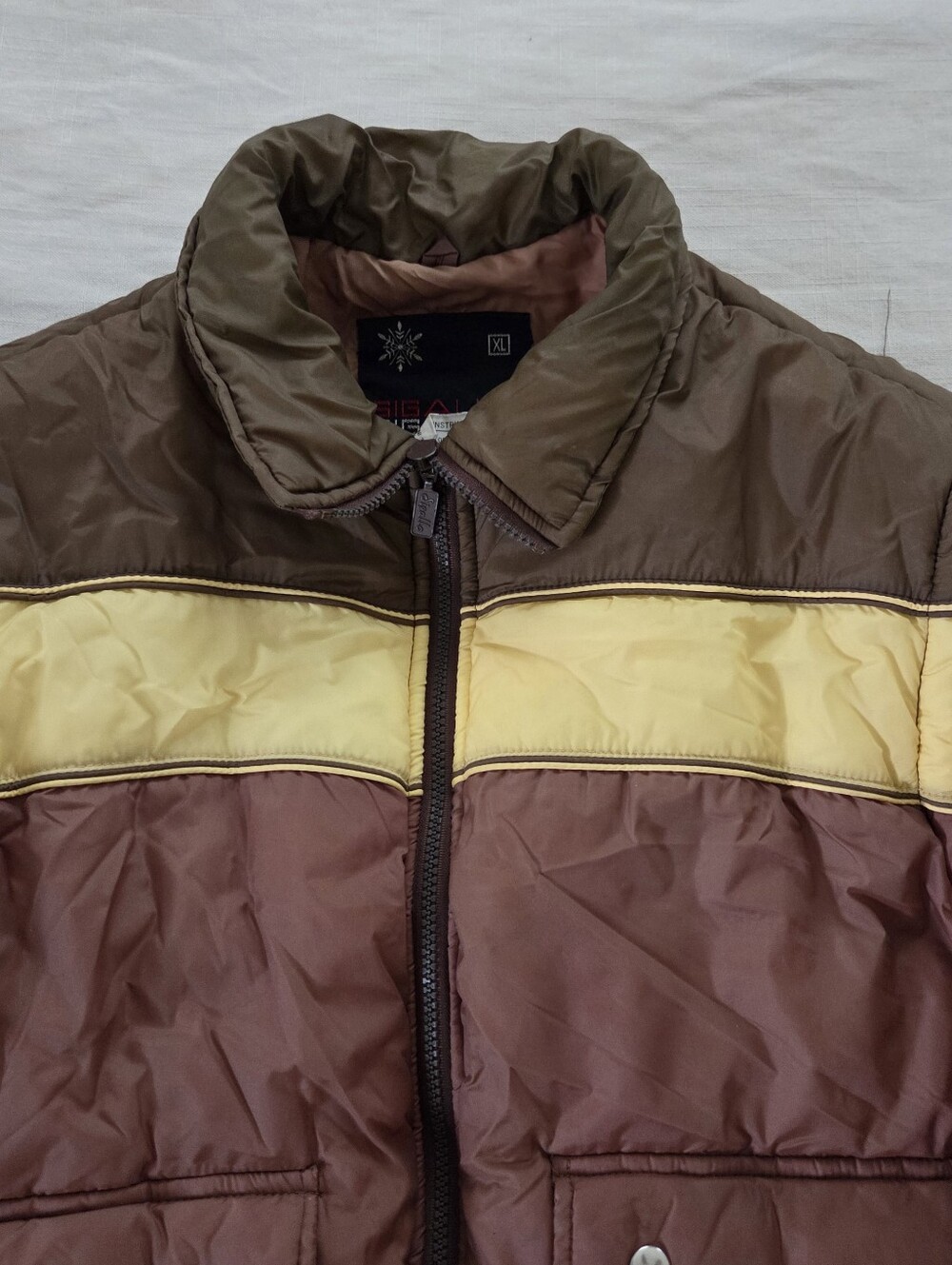 Vintage Men's Brown & Yellow Colorblock Puffer Jacket XL Neutral - Picture 3 of 14